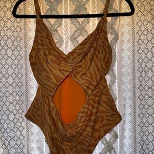 Aerie Orange Patterned One Piece Swimsuit
